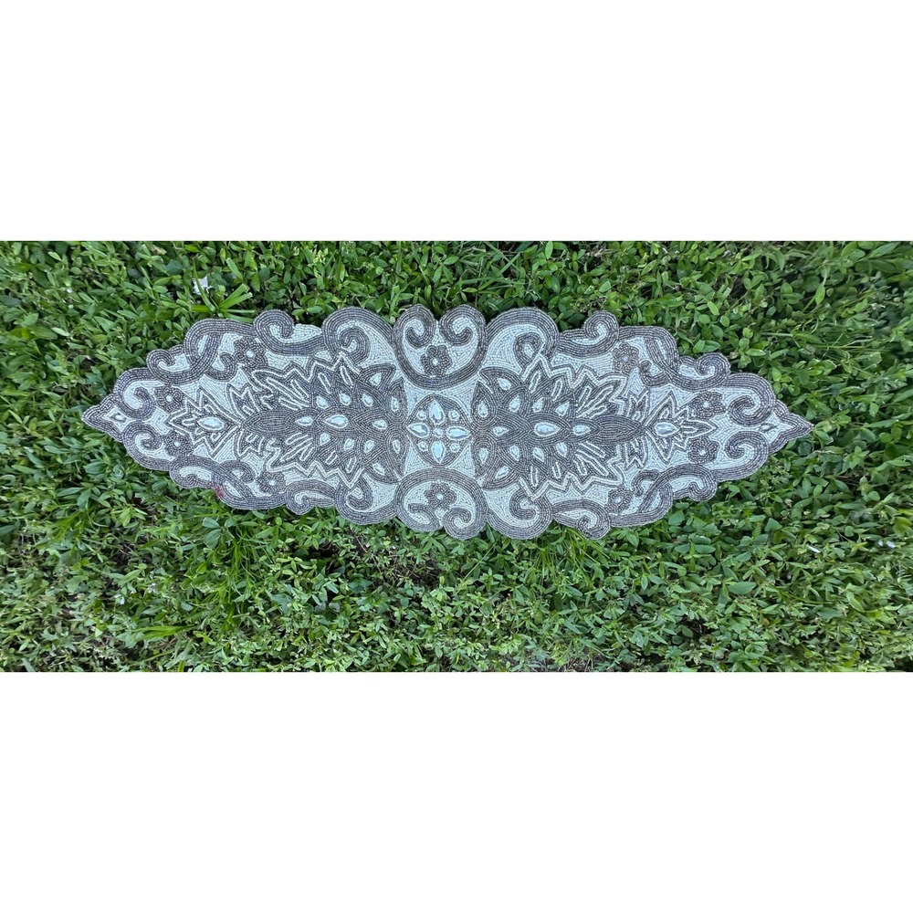 Silver Beaded Table Runner Scalloped Edge Damask Pattern 36x13 Glam Decor